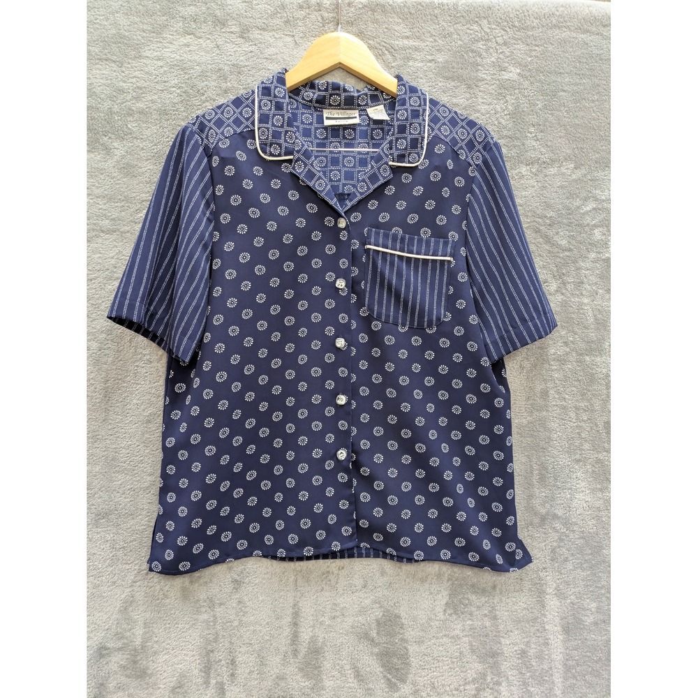 Vintage Aesthetic Button Up Blouse Womens PM Navy Blue Mixed Print Short Sleeve